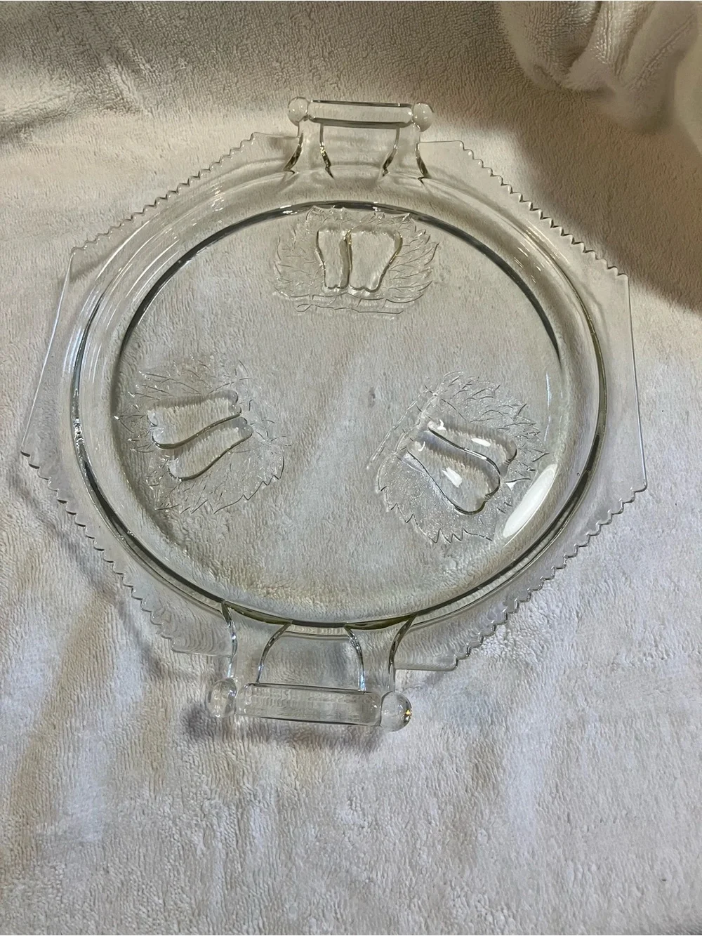 vintage Jeannette Glass Baltimore Pear handled cake plate embossed pears